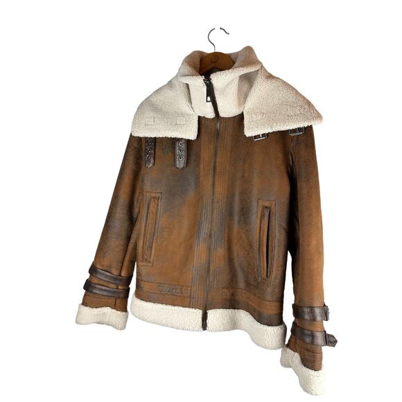 Zara Faux Leather Sherpa Lined Aviator Style Contrast Double Collar Jacket Large - Picture 9 of 13